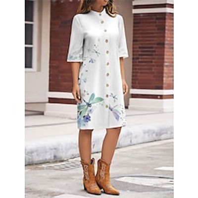 Women's Shirt Dress Casual Dress Cotton Linen Dress Midi Dress Polyester Fashion Casual Daily Outdoor Daily Vacation Shirt Collar Button Print Long Sleeve Spring Fall Winter 2023 Loose Fit White Lightinthebox
