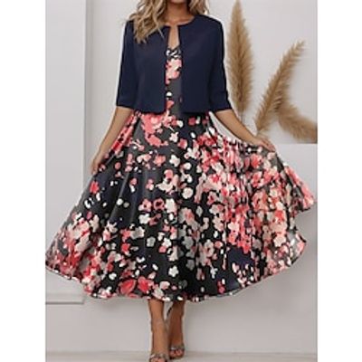 Women's Two Piece Dress Set Casual Dress Chiffon Dress Outdoor Holiday Fashion Streetwear Print Midi Dress V Neck Half Sleeve Floral Regular Fit Pink Navy Blue Blue Spring S M L XL XXL Lightinthebox