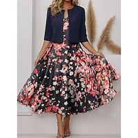 Women's Two Piece Dress Set Casual Dress Chiffon Dress Outdoor Holiday Fashion Streetwear Print Midi Dress V Neck Half Sleeve Floral Regular Fit Pink Navy Blue Blue Spring S M L XL XXL Lightinthebox - thumbnail