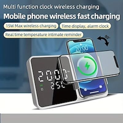 Smart Multifunctional Alarm Clock 15W Wireless Charger Mobile Phone Holder Clock Mobile Phone Desktop Wireless Charger Clock Thermometer Three-in-one Wireless Charging For Home Room Bedroom Decor Lightinthebox