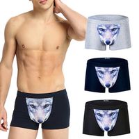 Fashion Sexy 3D Wolf Printing Cotton Mid Rise U Convex Pouch Boxers for Men