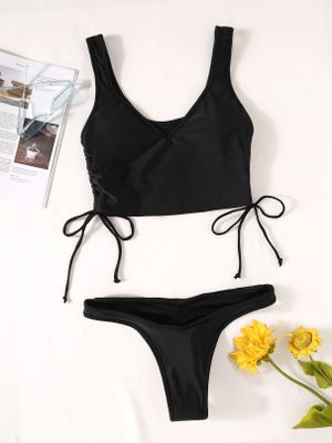Drawstring Design Ruched V-neck Bikini Set Drawstring Design Ruched V-neck Bikini Set