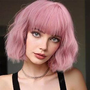Pink Wig with Bangs Short Bob Wavy Pastel Pink Wigs for Women Curly Shoulder Length Bob Synthetic Natural Looking Wigs for Girls Daily Use miniinthebox
