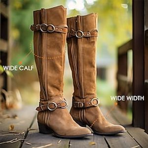 Women's Boots Riding Boots Cowboy Boots Suede Shoes Outdoor Daily Knee High Boots Buckle Block Heel Flat Heel Round Toe Punk Vacation Vintage Faux Suede Zipper Coffee miniinthebox