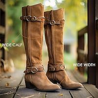 Women's Boots Riding Boots Cowboy Boots Suede Shoes Outdoor Daily Knee High Boots Buckle Block Heel Flat Heel Round Toe Punk Vacation Vintage Faux Suede Zipper Coffee miniinthebox