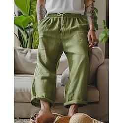 Men's Linen Pants Trousers Summer Pants Pocket Drawstring Elastic Waist Solid Color Comfort Breathable Full Length Outdoor Home Vacation Fashion Green Khaki Inelastic Lightinthebox