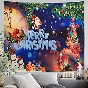 Christmas Party Wall Tapestry Photography Background Holiday Art Decor Blanket Hanging Home Bedroom Living Room Decoration Santa Claus Tree Snowman Elk Snowflake Candle Gift Fireplace miniinthebox