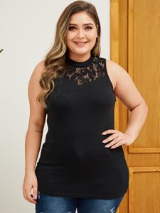 YOINS Plus Size Black Lace Patchwork Round Neck Tank Top