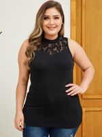 YOINS Plus Size Black Lace Patchwork Round Neck Tank Top - thumbnail