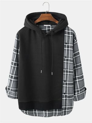 ChArmkpR Men Plaid Patchwork Button Design Drawstring Hoodie
