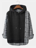 ChArmkpR Men Plaid Patchwork Button Design Drawstring Hoodie - thumbnail