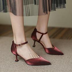 Women's Heels Ankle Strap Heels Work Daily Solid Color Kitten Heel Pointed Toe Elegant Minimalism Polyester Ankle Strap Black Burgundy Lightinthebox