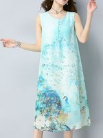 Women Peacock Printed Sleeveless O-Neck Vintage Style Dress