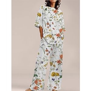 Women's Lounge Sets Top and Pant Flower Comfort Home Daily Polyester Crew Neck Summer Spring Black White Lightinthebox