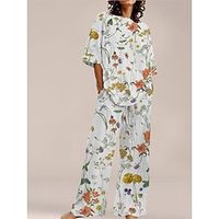 Women's Lounge Sets Top and Pant Flower Comfort Home Daily Polyester Crew Neck Summer Spring Black White Lightinthebox - thumbnail