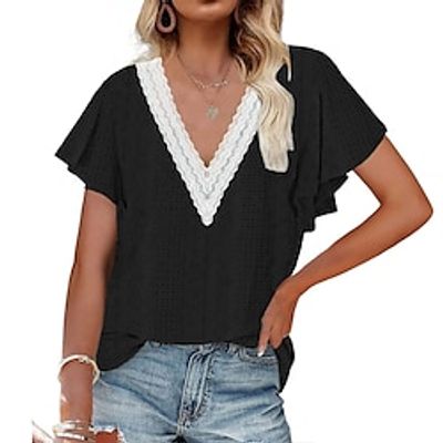 Women's Shirt Blouse Black White Yellow Plain Cut Out Lace Trims Short Sleeve Casual Basic V Neck Regular S Lightinthebox