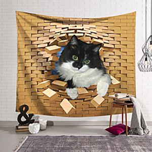 Wall Tapestry Art Decor Blanket Curtain Hanging Home Bedroom Living Room Decoration Polyester Cat Watching Break the Bricks miniinthebox