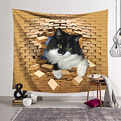 Wall Tapestry Art Decor Blanket Curtain Hanging Home Bedroom Living Room Decoration Polyester Cat Watching Break the Bricks miniinthebox