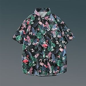 Men's Shirt Summer Hawaiian Shirt Floral Flamingo Graphic Prints Leaves Turndown Light Yellow Apricot Black Yellow Pink Outdoor Street Short Sleeves Button-Down Print Clothing Apparel Tropical Lightinthebox