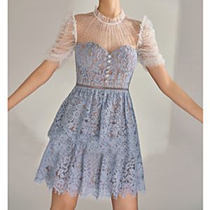 A-Line Flirty Boho Holiday Cocktail Party Dress Illusion Neck Short Sleeve Short / Mini Lace with Buttons Tier 2021 miniinthebox