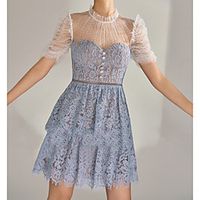 A-Line Flirty Boho Holiday Cocktail Party Dress Illusion Neck Short Sleeve Short / Mini Lace with Buttons Tier 2021 miniinthebox - thumbnail