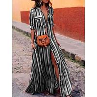 Women's Shirt Dress Boho Chic Dresses Maxi long Dress Vacation Beach Polyester Bohemia Shirt Collar Button Pocket Half Sleeve Summer Spring Loose Fit Black Wine Blue Striped S M L XL 2XL Lightinthebox