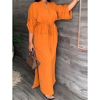 Women's Casual Dress Abaya Plain Dress Long Dress Maxi Dress Pocket Drawstring Date Maxi Basic Split Neck 34 Length Sleeve Regular Fit Black White Pink Color S M L XL 2XL Size Lightinthebox - thumbnail