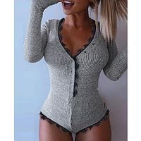 Women's Romper Button Lace Trims Solid Color V Neck Ordinary Daily Vacation Baggy Shorts Regular Fit Long Sleeve Bishop Sleeve Gray S M L All Seasons Lightinthebox - thumbnail
