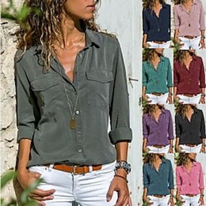 women's shirts lapel long-sleeved shirts women's clothing solid color pockets blouse miniinthebox