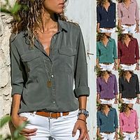 women's shirts lapel long-sleeved shirts women's clothing solid color pockets blouse miniinthebox - thumbnail