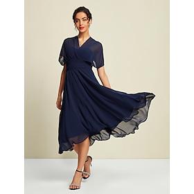 Chiffon Wedding Guest Navy Blue Lace Up Tie Knot Party Midi Dress