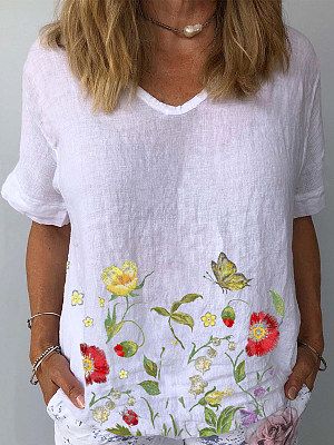 Round Neck Short Sleeves Printed Blouse