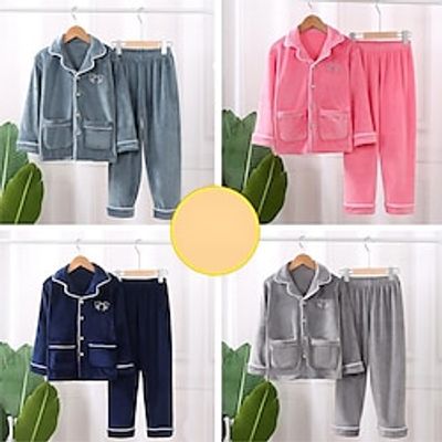 Kids Girls' Pajama Set Long Sleeve Pink Blue Green Solid Color Animal Button Fall Winter Active Home 7-13 Years Lightinthebox
