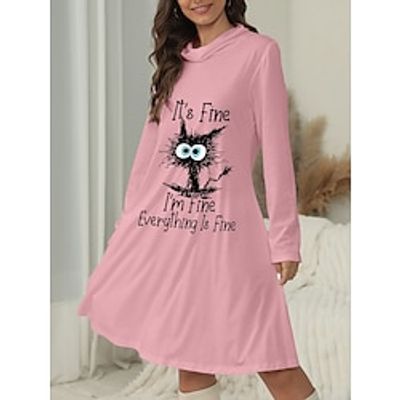 Women's Casual Dress Swing Dress Animal Cat Print Turtleneck Mini Dress Elegant Street Long Sleeve Regular Fit White Pink Blue Spring S M L XL XXL Lightinthebox