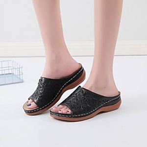 Women's Sandals Wedge Heel Round Toe PU Flower Solid Colored Wine Black Brown Lightinthebox