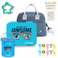 Eazy Kids 6 - 4 Compartment Bento Lunch Box With Lunch Bag And Steel Food Jar Jawsome - Blue