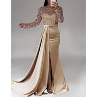 Mermaid  Trumpet Evening Gown Elegant Dress Wedding Black Tie Floor Length Long Sleeve Jewel Neck Fall Wedding Guest Satin with Pearls Sequin 2023 Lightinthebox - thumbnail