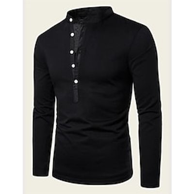 Men's Polo Shirt Button Up Polos Casual Sports Stand Collar Long Sleeve Fashion Basic Plain Button Spring   Fall Regular Fit Black White Polo Shirt Lightinthebox