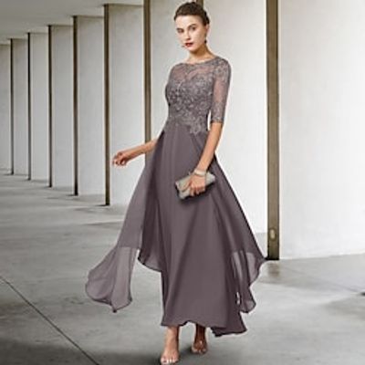 Two Piece Jewel Neck Knee Length Polyester Half Sleeve Plus Size Mother of the Bride Dress with Beading  Lace 2020 Lightinthebox