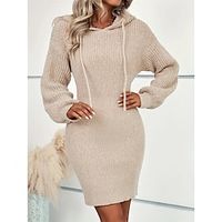 Women's Plus Size Curve Sweater Dress Knit Dress Hoodie Dress Plain Mini Dress Long Sleeve Drawstring Knit Hooded Fashion Outdoor Khaki Fall Winter XL 2XL 3XL 4XL 5XL Lightinthebox - thumbnail