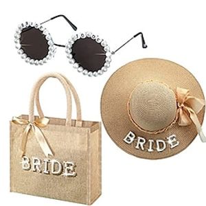 Single Party Beach Big Eaf Straw Hat Women's Straw Hat Bride Party Bride Tobe Glasses Linen Bag Set Lightinthebox