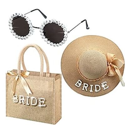 Single Party Beach Big Eaf Straw Hat Women's Straw Hat Bride Party Bride Tobe Glasses Linen Bag Set Lightinthebox