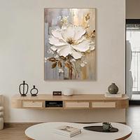 Hand painted Textured GOLD flower oil painting Wall Art Abstract White Flower Painting on Canvas Minimalist Modern floral oil painting for Living Room Painting Elegant Wall Decor Fancy Wall Art Lightinthebox