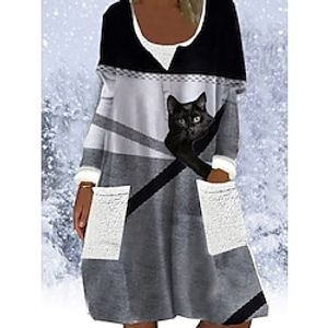 Women's Hoodie Dress Print Dress Mini Dress Gray 34 Length Sleeve Cat Print Print Winter Fall U Neck Stylish Modern 2022 S M L XL 2XL 3XL Lightinthebox
