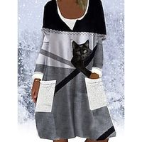 Women's Hoodie Dress Print Dress Mini Dress Gray 34 Length Sleeve Cat Print Print Winter Fall U Neck Stylish Modern 2022 S M L XL 2XL 3XL Lightinthebox - thumbnail