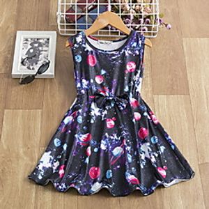 Kids Little Girls' Dress Galaxy Bow Print Navy Blue Knee-length Sleeveless Active Dresses Summer Regular Fit 5-12 Years miniinthebox