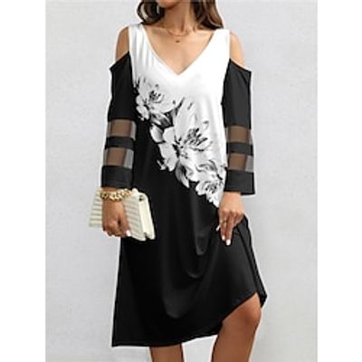 Women's Casual Dress Slip Dress Floral Geometric Print Mesh V Neck Mini Dress Streetwear Street Holiday Long Sleeve Loose Fit Black And White Black White Summer Spring S M L XL XXL Lightinthebox