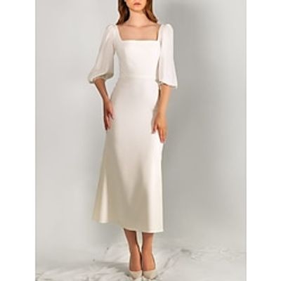 Little White Dresses Wedding Dresses A-Line Square Neck Half Sleeve Tea Length Satin Bridal Gowns With Solid Color 2023 Lightinthebox