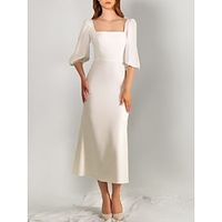 Little White Dresses Wedding Dresses A-Line Square Neck Half Sleeve Tea Length Satin Bridal Gowns With Solid Color 2023 Lightinthebox - thumbnail