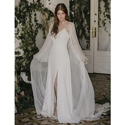 Little White Dresses Wedding Dresses Two Piece Camisole V Neck Spaghetti Strap Sweep  Brush Train Chiffon Bridal Suits Bridal Gowns With Split Front Solid Color 2024 Lightinthebox
